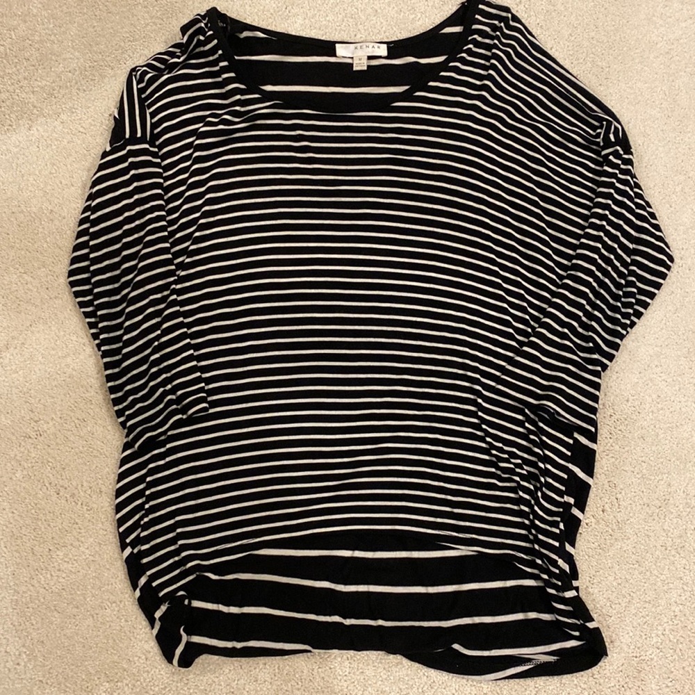 Kenar black and white stripe 3/4 sleeve high low tunic top
